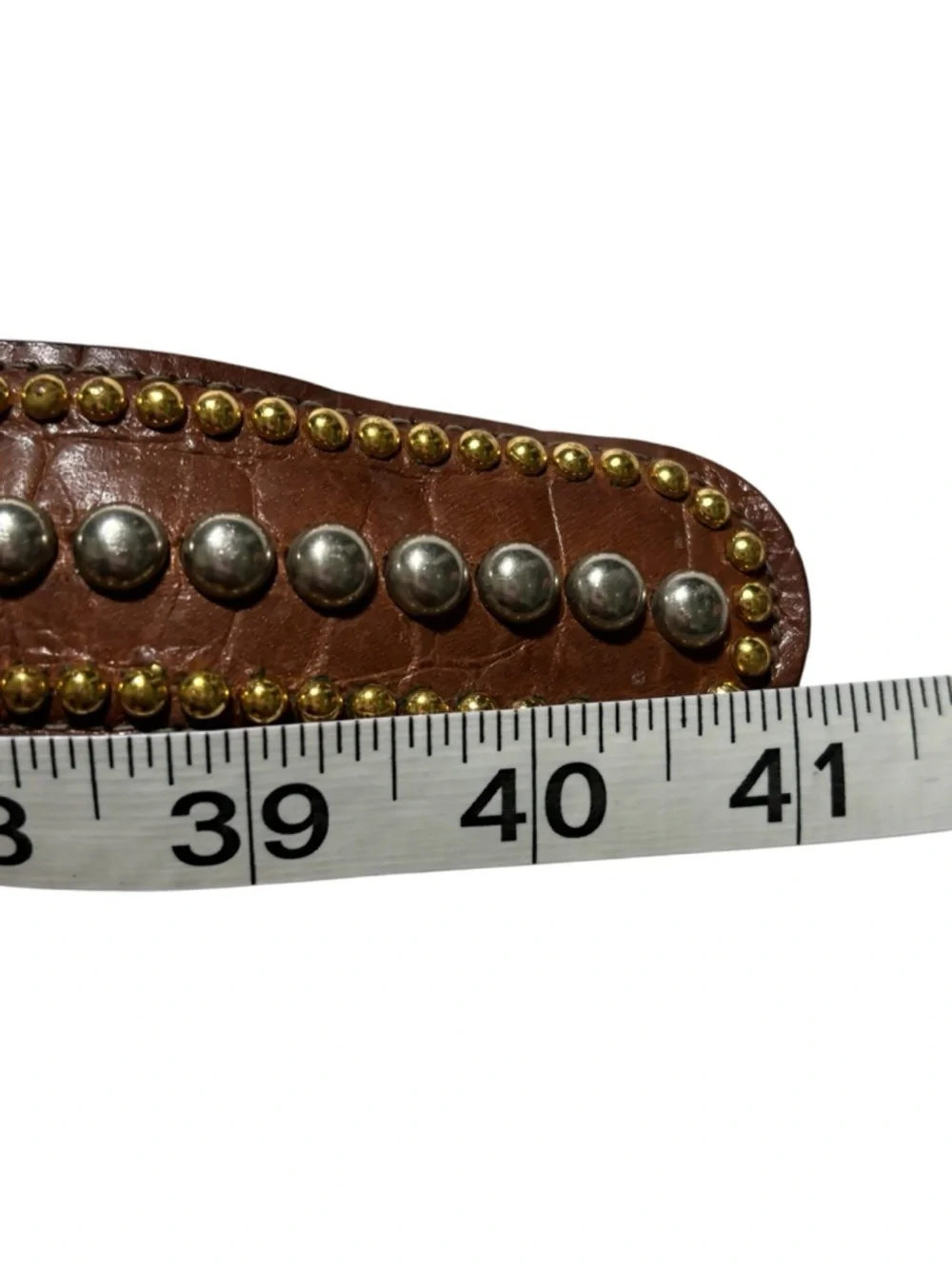 Vintage Sand Castle USA Studded Leather Western Belt Brown Gold Silver Rodeo